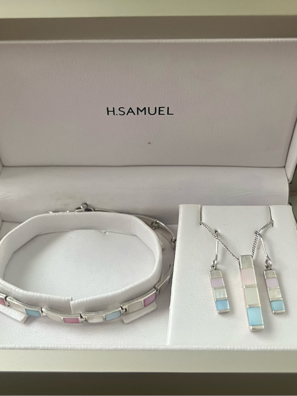 H.Samuel Mother of Pearl Tile Jewelry Set - White, Pink, Blue 925 Sterling